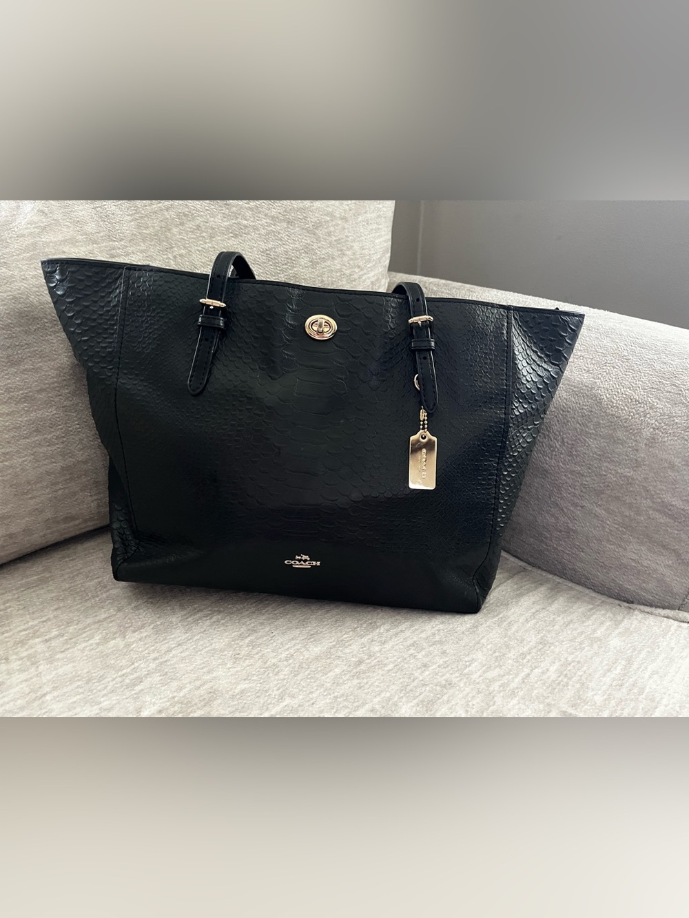Coach Black Snake Embossed Leather Turn Lock Tote